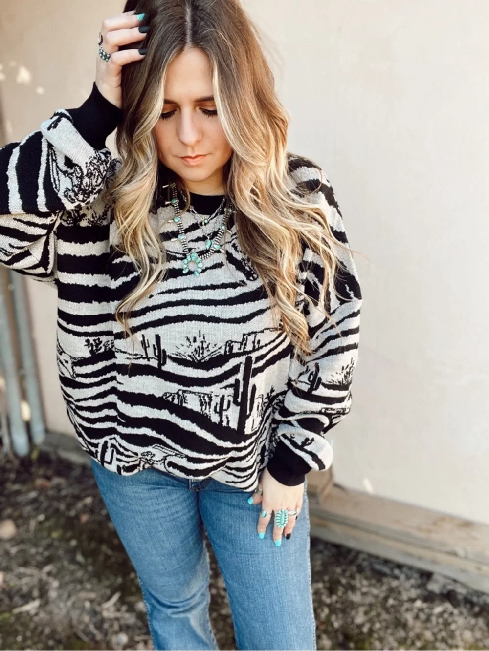 Women's Black & Cream Crew Neck Sweater - Desert Stripe Knit - Picture 1 of 7